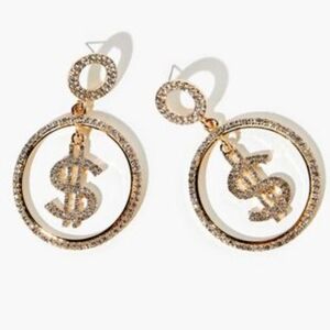 Gold Rhinestone Dollar Sign Dangle Earrings | NWT | Y2k Club Punk Street Wear